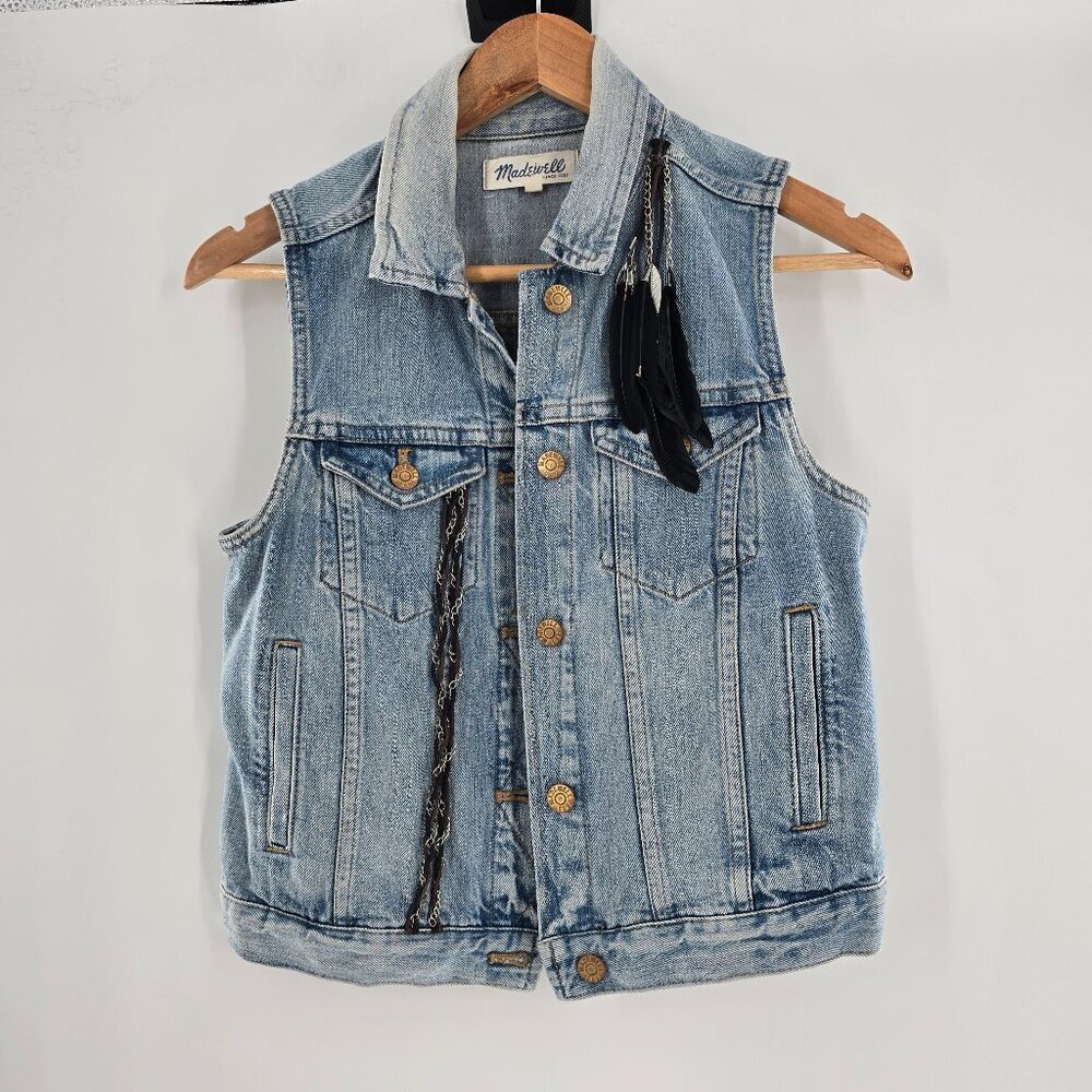 Madewell Denim Vest Light Wash 100% Cotton Pockets Gold Buttons Upcycled Small‎